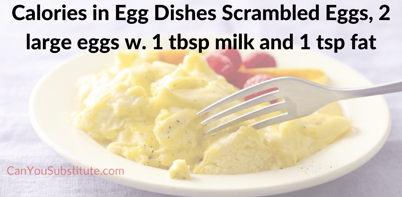 Online Calories in Egg Dishes Scrambled Eggs, 2 large eggs w. 1 tbsp milk and 1 tsp fat Calculator